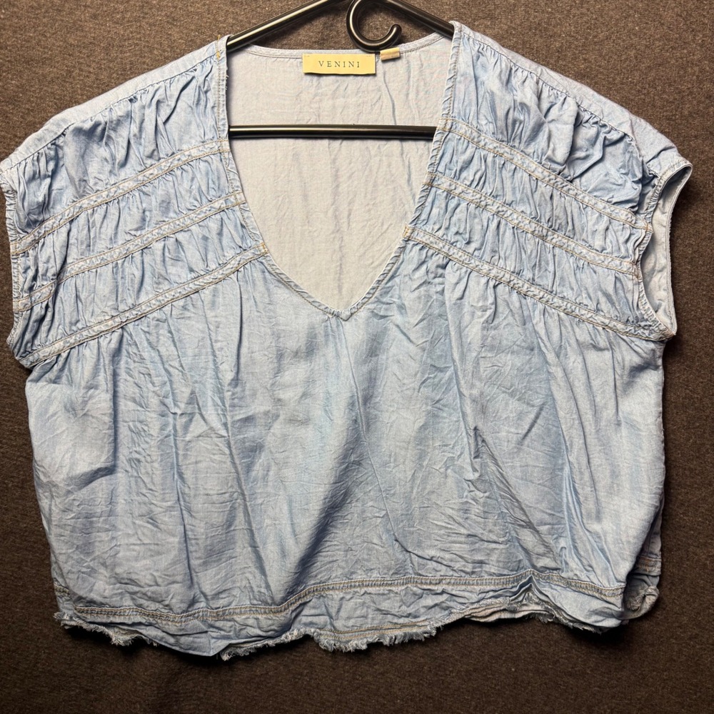 Venini Womens XL Blue drop shoulder V-Neck Top Frayed Hem Western Boho Crop